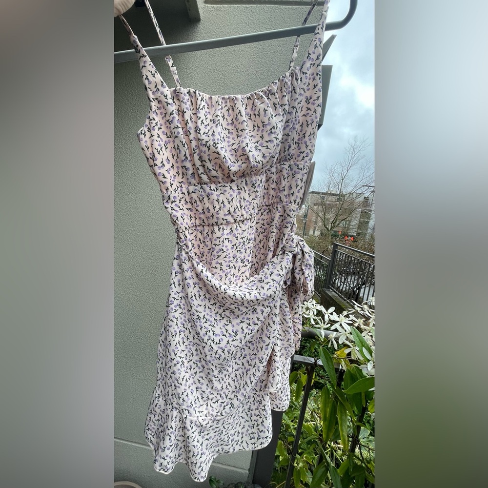 Elegant Asymmetrical Floral Dress in Pink and Purple.